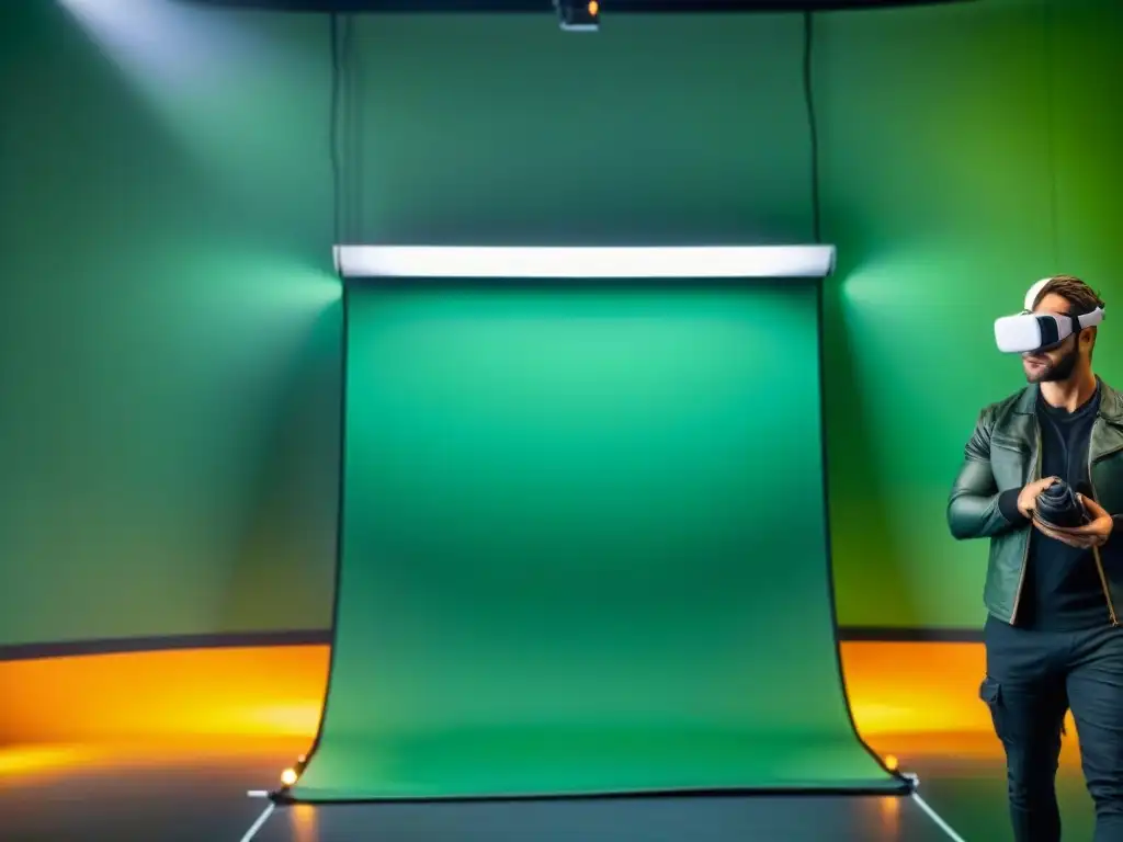 Actores en trajes de captura de movimiento interactúan en set de filmación futurista rodeados de pantallas verdes y equipo técnico