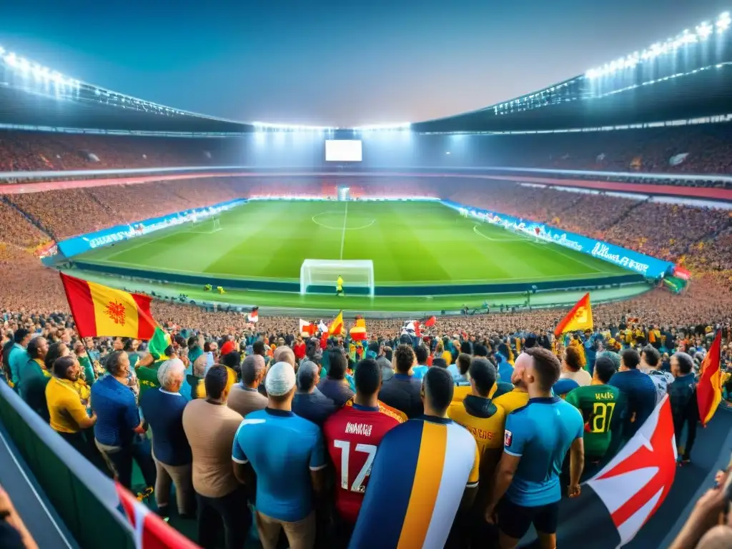 Aficionados apasionados celebran en estadio lleno durante un emocionante partido de fútbol