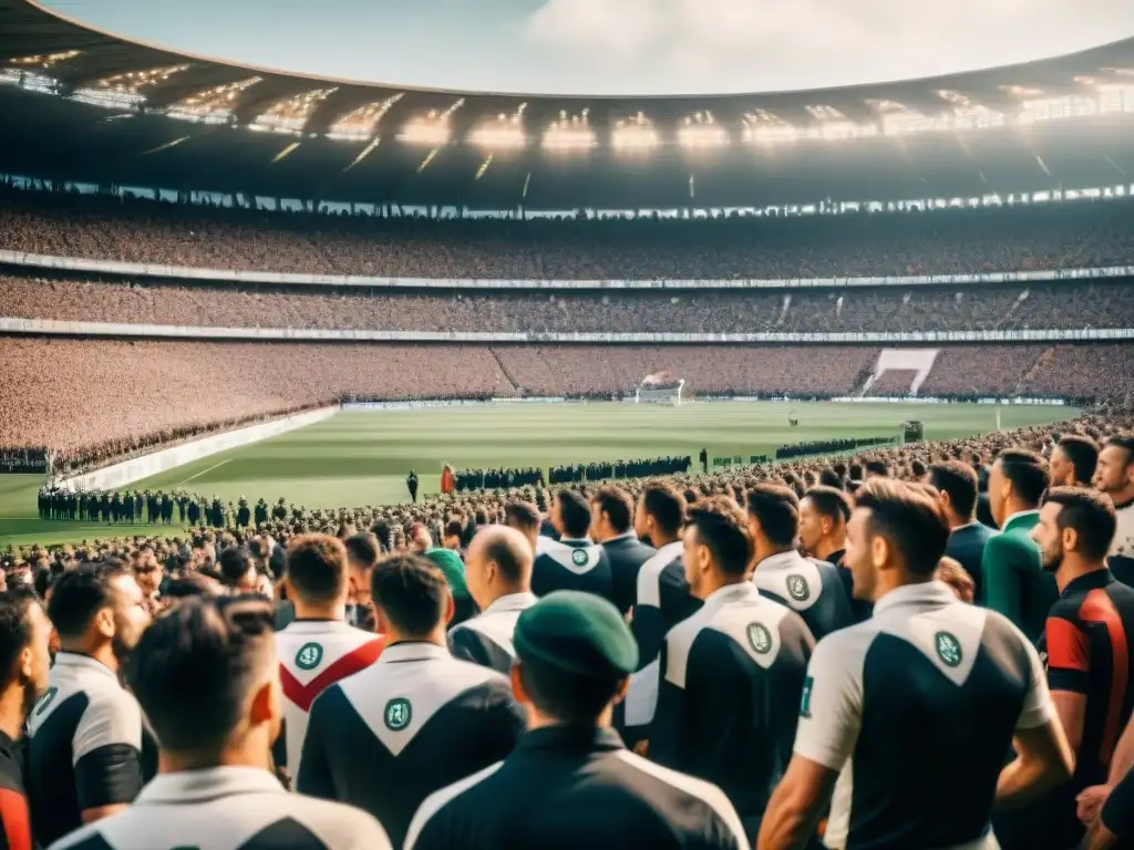 Aficionados agitando banderas fascistas en estadio de fútbol italiano de los años 30, fusionando historia del Volata fútbol italiano