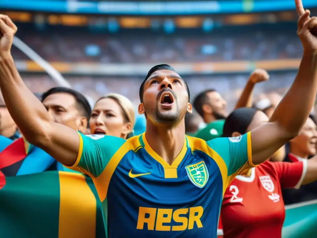 Diversos aficionados de distintas culturas visten camisetas de fútbol, celebrando juntos en un estadio lleno