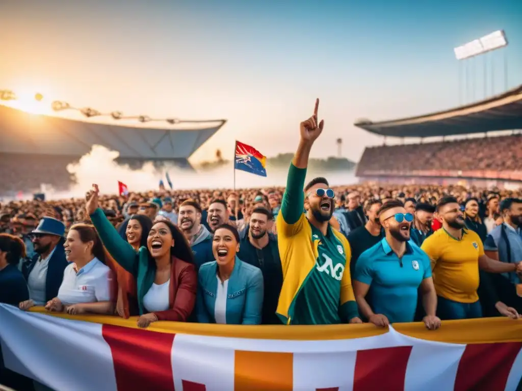 Aficionados en estadio con rostros pintados y banderas, unidos por los deportes inspiran himnos emocionantes