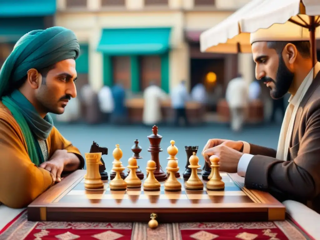 Evolución del Ajedrez en Oriente: Partida estratégica en mercado del Medio Oriente
