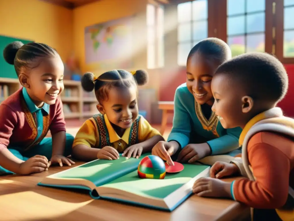 Una alegre clase multicolor de niños de diversas culturas jugando juntos juegos educativos