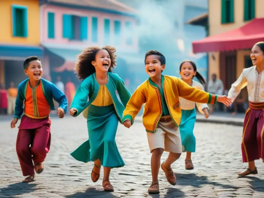 Alegre escena de juegos infantiles tradicionales América Latina en plaza bulliciosa