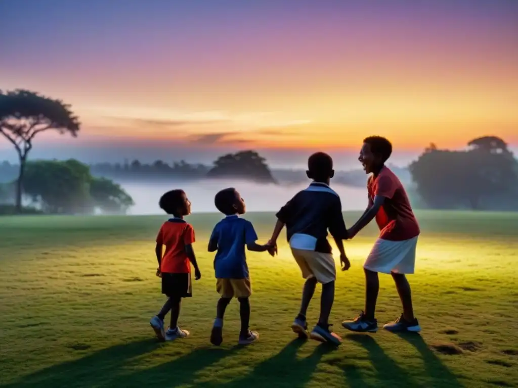 Juegos nocturnos de niños: diversión y amistad en el parque Alegre juego nocturno en parque iluminado, niños disfrutan de tradicionales Juegos Nocturnos
