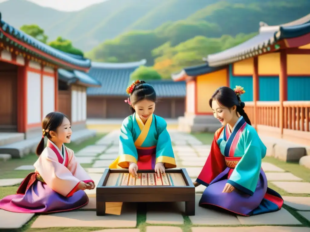 Alegre juego de yut nori en Seollal, niños coreanos vistiendo hanbok en tradicional aldea asiática