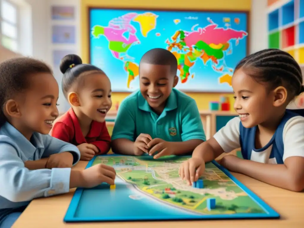 Un alegre salón de clases multicultural, con niños de diversas culturas disfrutando de juegos educativos juntos