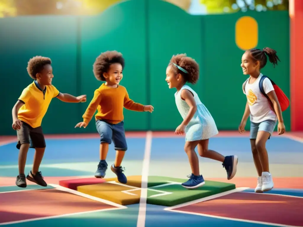 Juegos tradicionales: Diversión y amistad en el patio de recreo Alegría y camaradería entre niños de distintas culturas jugando juegos tradicionales en un parque vibrante