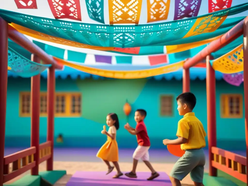 Alegría infantil con juegos tradicionales asiáticos entre decoraciones de papel picado