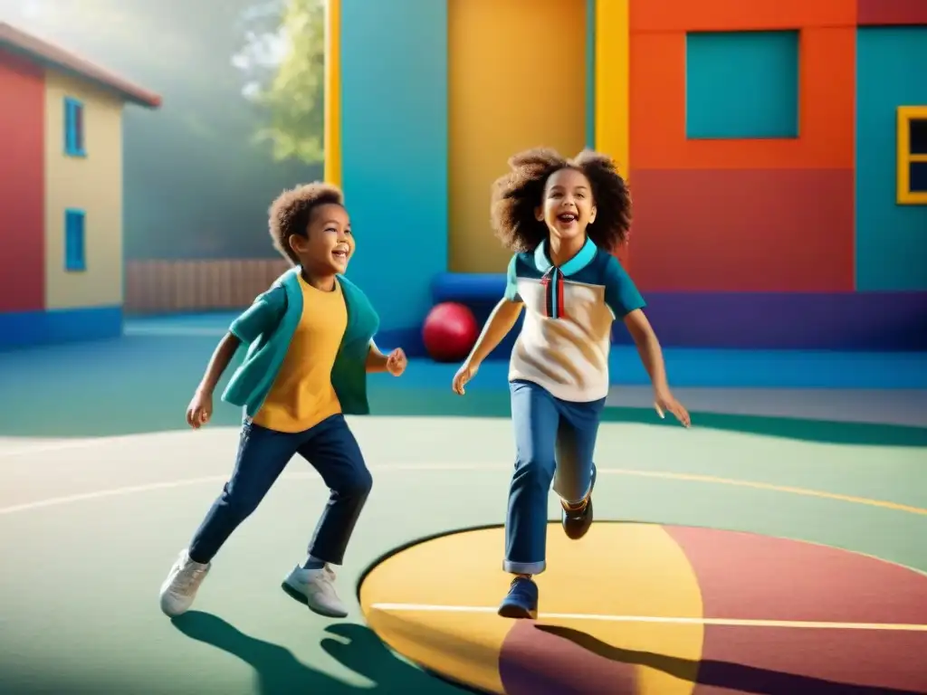 Alegría infantil en juegos tradicionales en un patio colorido, con educación moderna de fondo