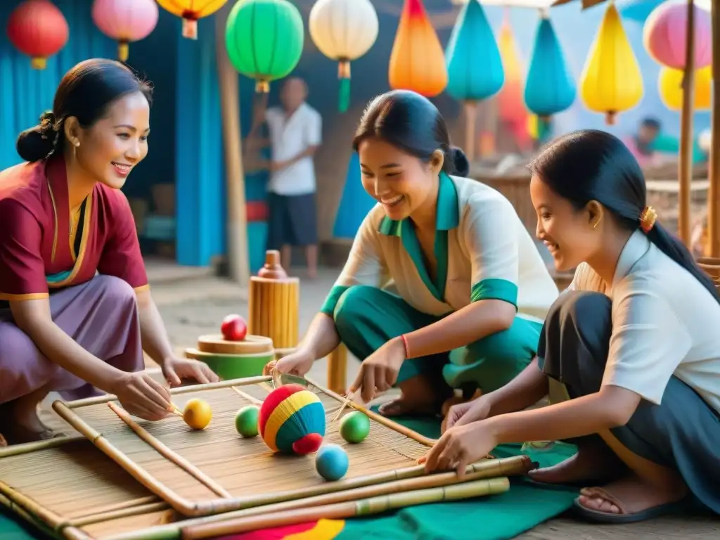 Alegría y tradición en un mercado del Sudeste Asiático, donde niños disfrutan de juegos como volantines y trompos de madera