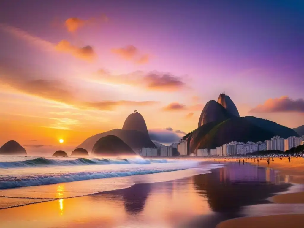 Un amanecer sereno en la icónica playa de Copacabana, con nadadores en las aguas calmadas y el imponente Pan de Azúcar al fondo