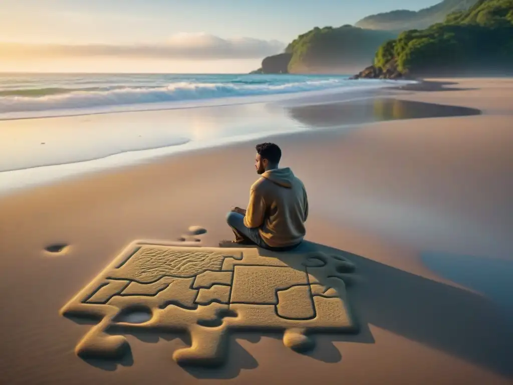 Un amanecer tranquilo en una playa remota de The Witness, con un personaje resolviendo puzzles en la arena