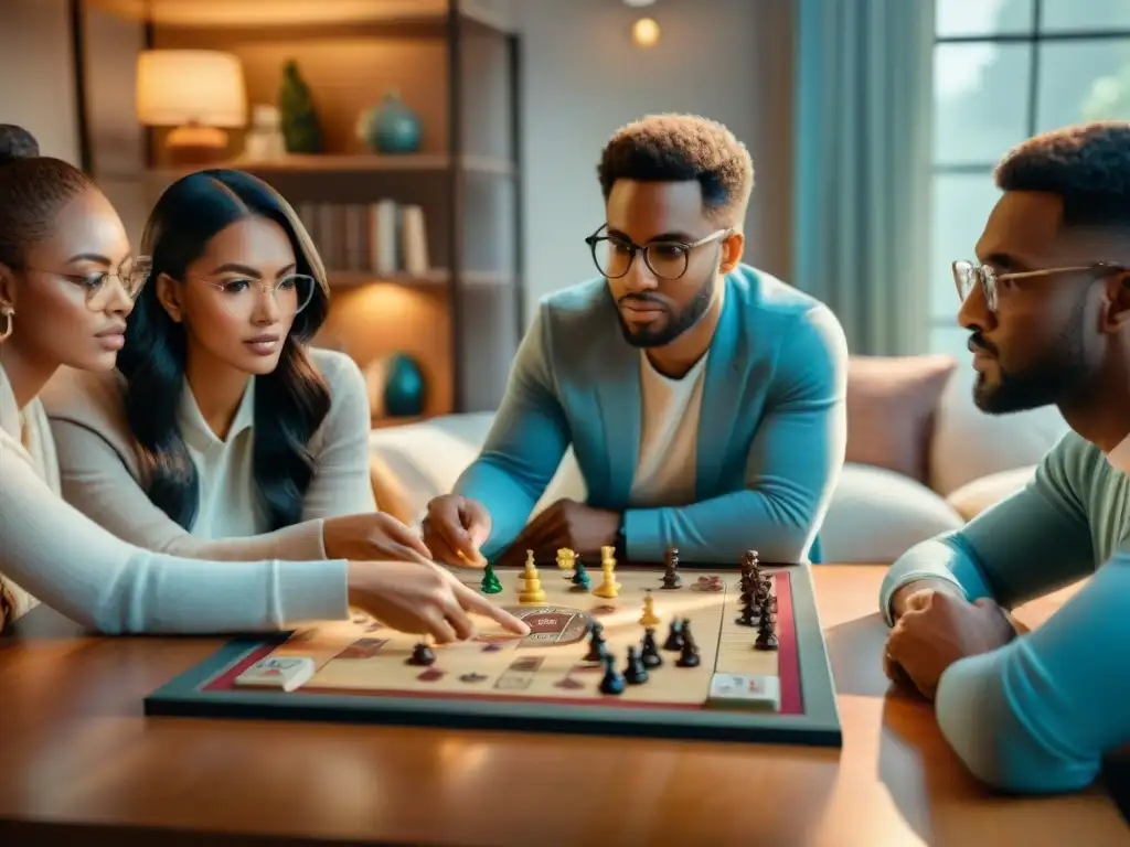 Jugadores inmersos en estrategias: la emoción de un juego de mesa en grupo Un ambiente acogedor donde amigos disfrutan de un juego de estrategia en cultura, con piezas dispuestas en el tablero
