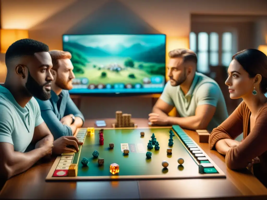 Un ambiente acogedor donde amigos disfrutan de juegos de mesa con inteligencia artificial