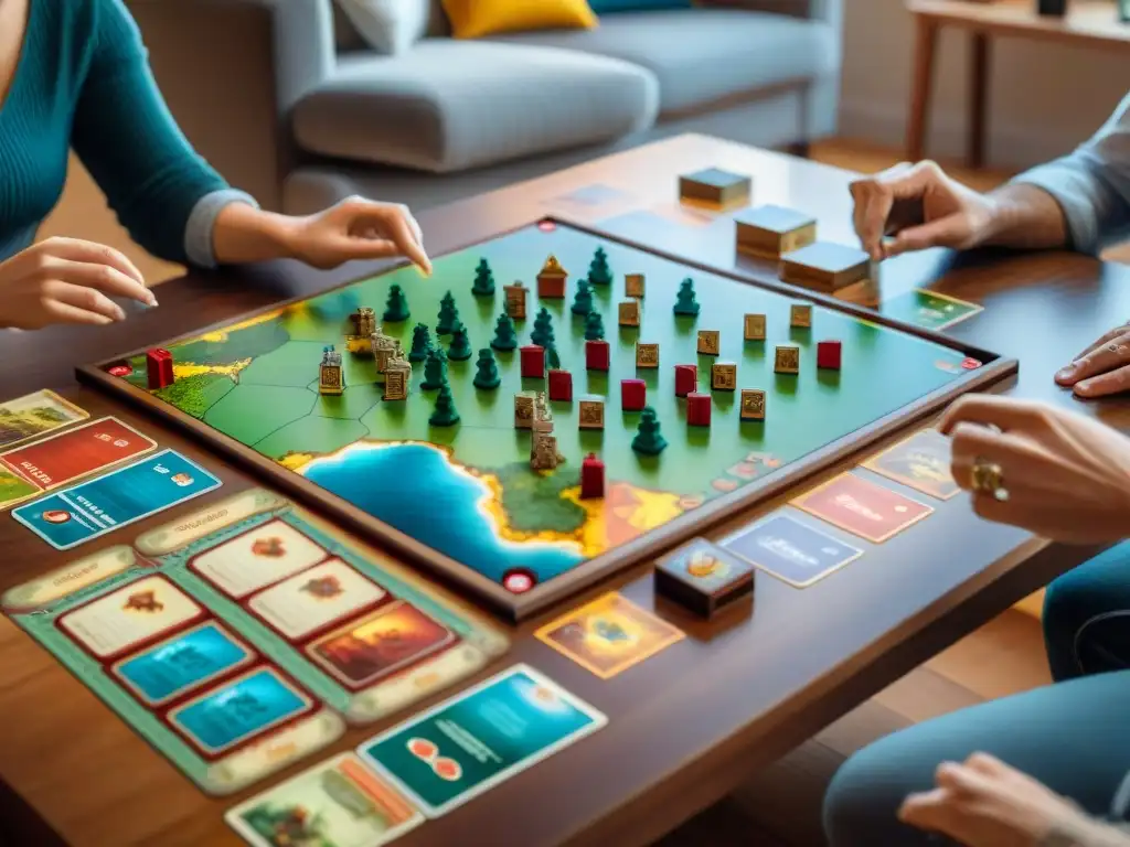 Un ambiente acogedor donde un grupo disfruta de juegos de mesa europeos como Catan y Carcassonne