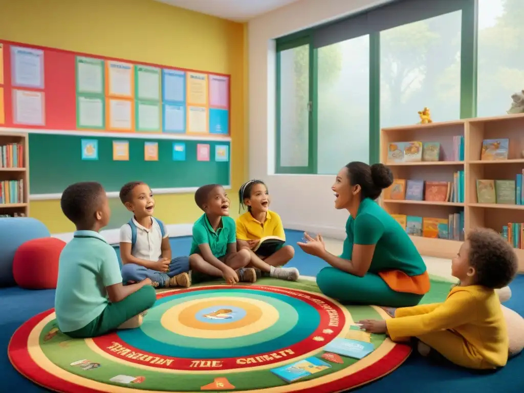 Un ambiente educativo vibrante: niños disfrutan de juegos educativos literatura en una sesión de cuentos animada con su maestra