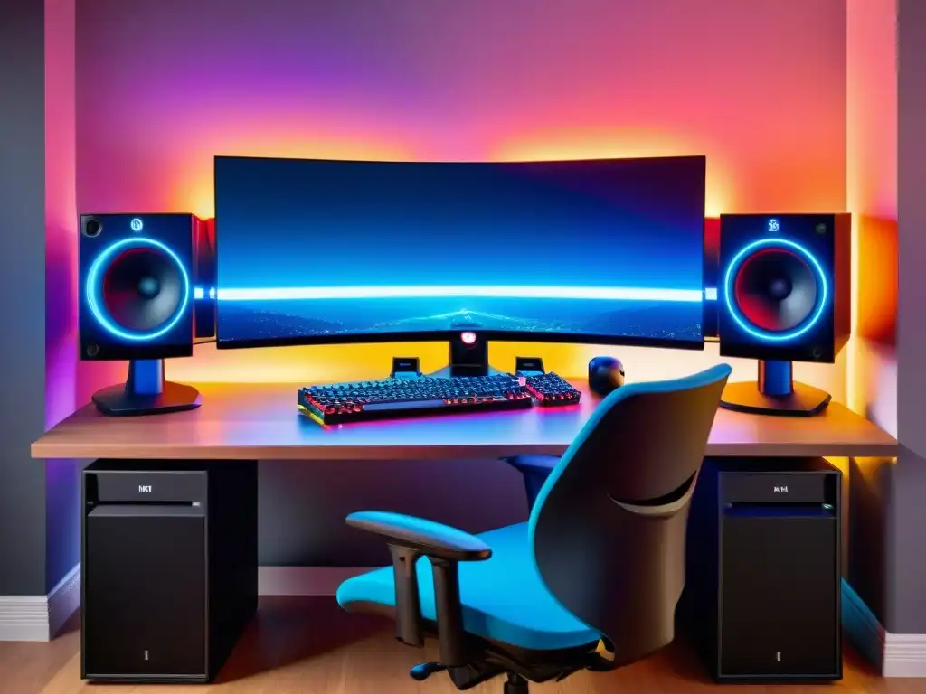 Un ambiente futurista de streaming con hardware adecuado para streaming, monitores y luces LED coloridas