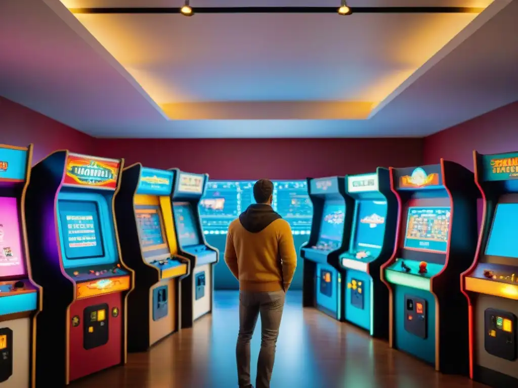 Un ambiente nostálgico y emocionante en un museo de juegos, con personas interactuando con máquinas de arcade clásicas