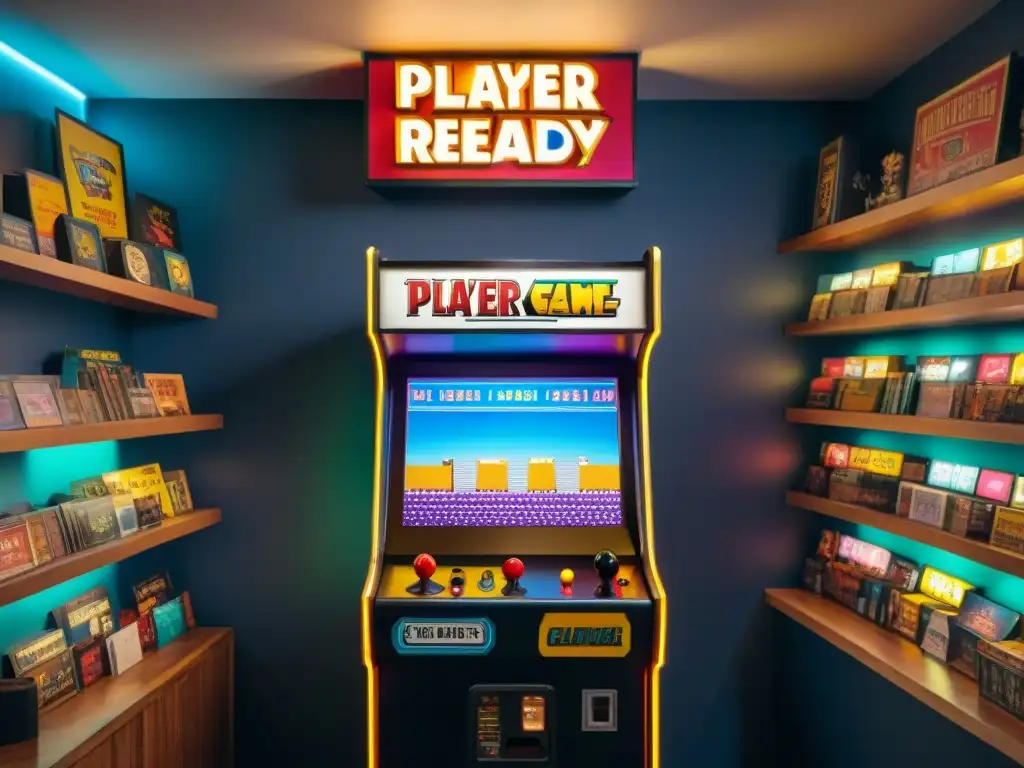 Un ambiente nostálgico en un mercado de juegos antiguos: gente diversa concentrada en una máquina de arcade vintage, rodeados de memorabilia retro