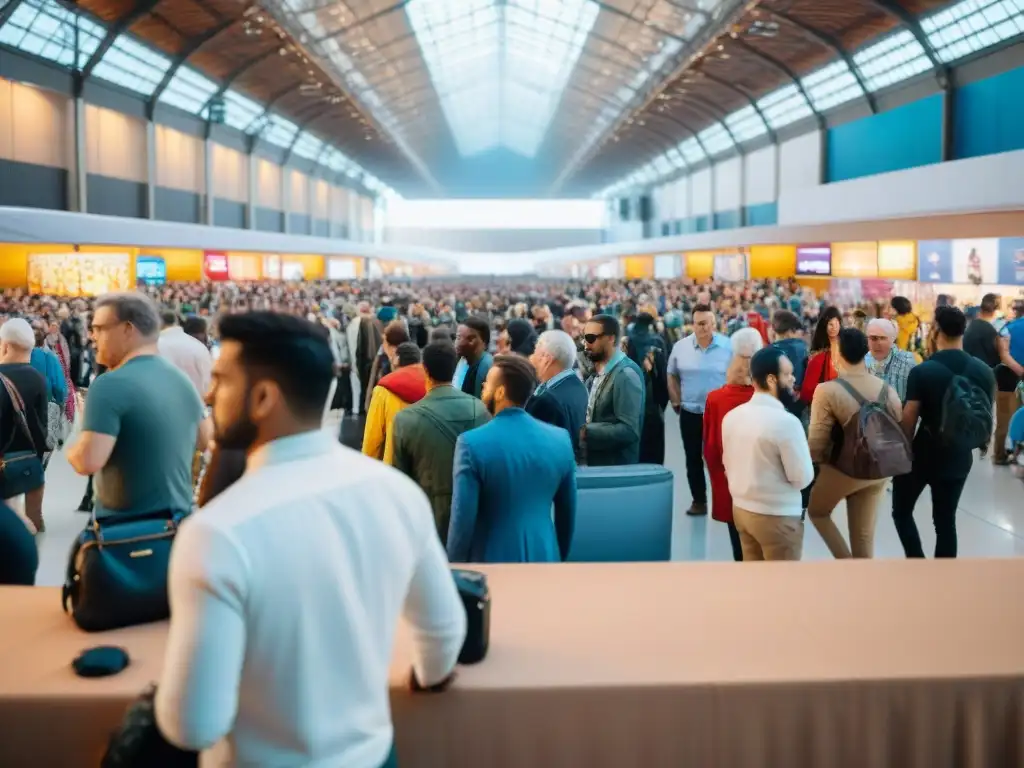 Ambiente vibrante en convención de coleccionismo de juegos y deportes, con gente de todas las edades explorando coloridos stands