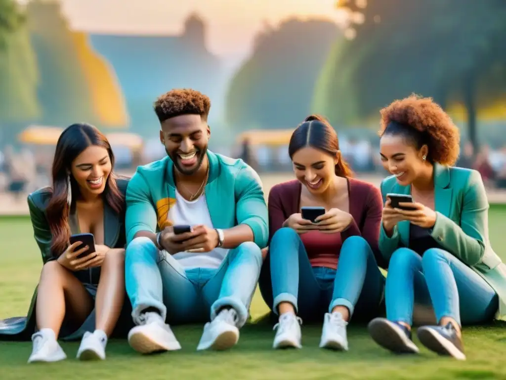 Amigos absortos en sus móviles en un parque al atardecer, mostrando el impacto de los juegos móviles en las relaciones sociales