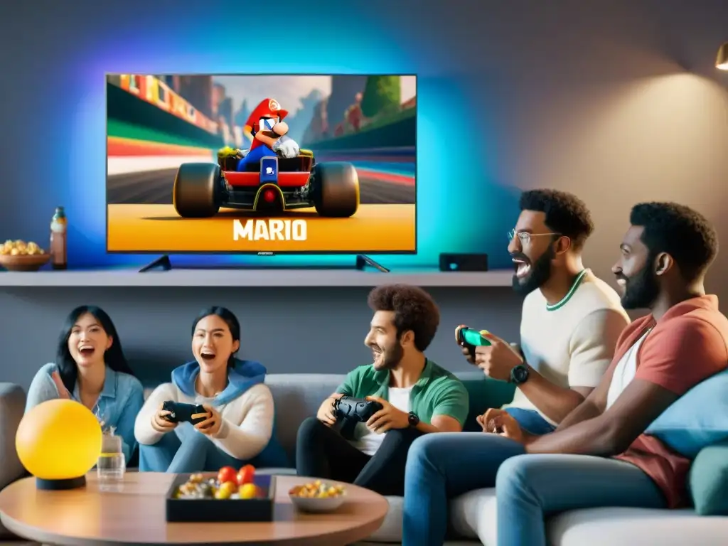 Amigos disfrutan de un animado juego de Mario Kart en el sofá, mostrando el impacto de los videojuegos en las reuniones sociales