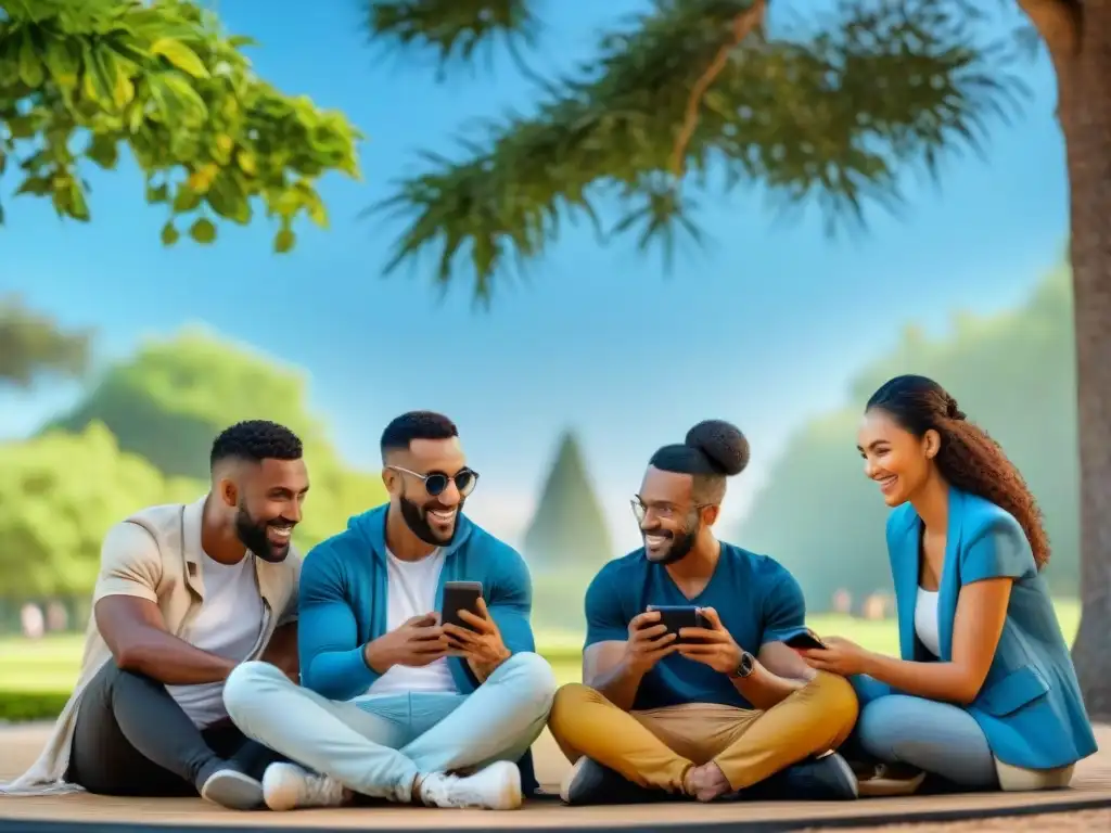 Amigos en círculo disfrutan juegos móviles y relaciones sociales en el parque, entre risas y conversaciones animadas