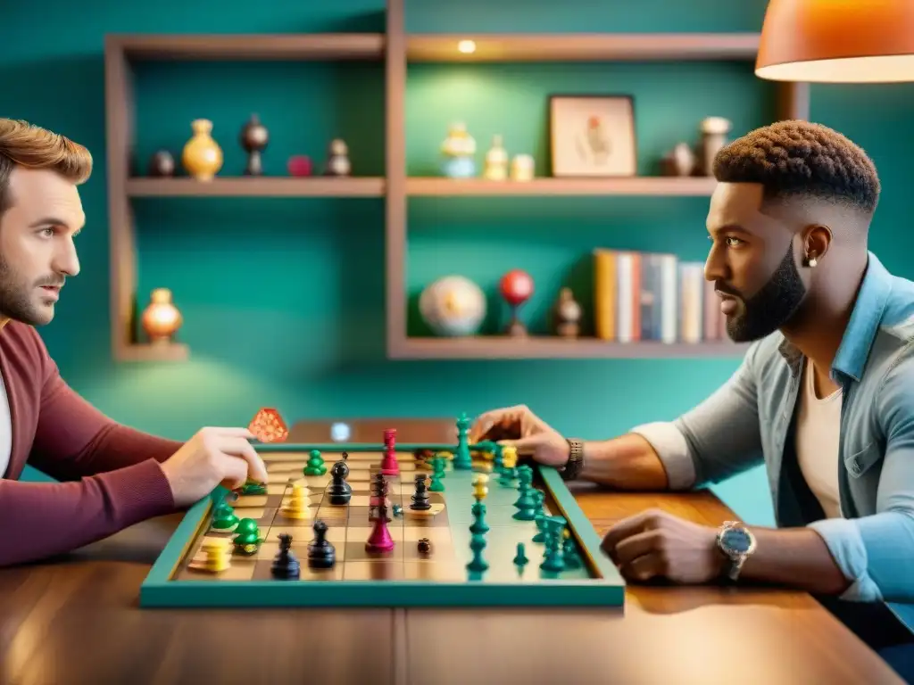 Amigos concentrados en emocionante sesión de juegos de mesa para reuniones