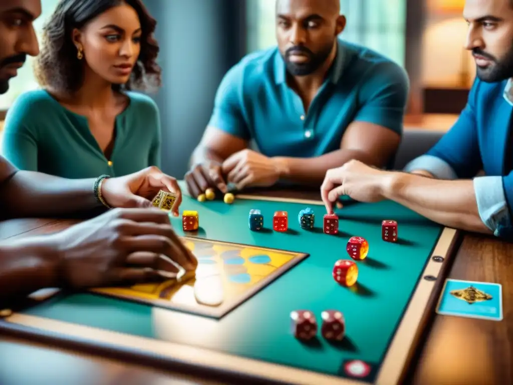 Amigos concentrados en estrategias ganadoras en juegos de mesa, con miradas intensas y pasión por competir