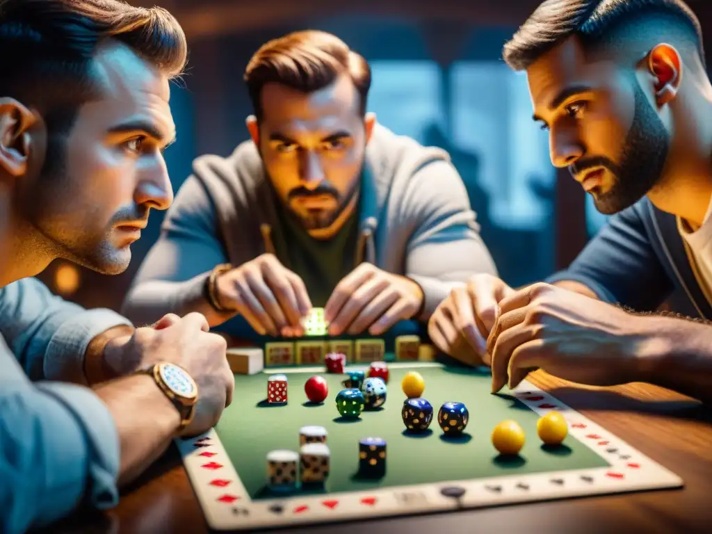 Amigos concentrados en estrategias de juegos, compitiendo por ganar en una noche de diversión y amistad