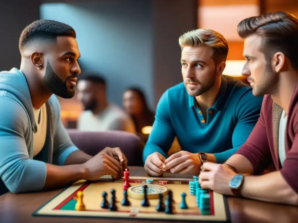 Amigos concentrados en estrategias de juegos de mesa en una noche de camaradería y diversión