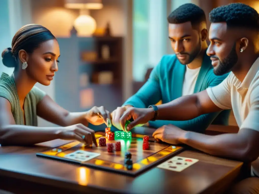 Amigos concentrados en estrategias de juegos, iluminados por la lámpara, unidos en la noche de diversión y camaradería