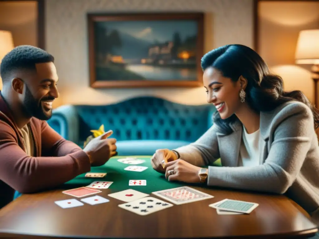 Amigos concentrados jugando Euchre en acogedora sala iluminada, expresiones de emoción y camaradería