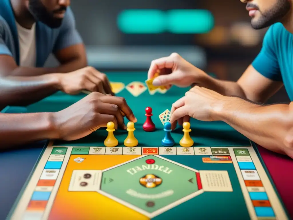 Amigos concentrados en juego de mesa, mostrando estrategias negociación juegos mesa