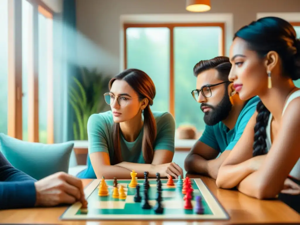 Amigos concentrados en un juego de mesa, ambiente cálido y camaradería