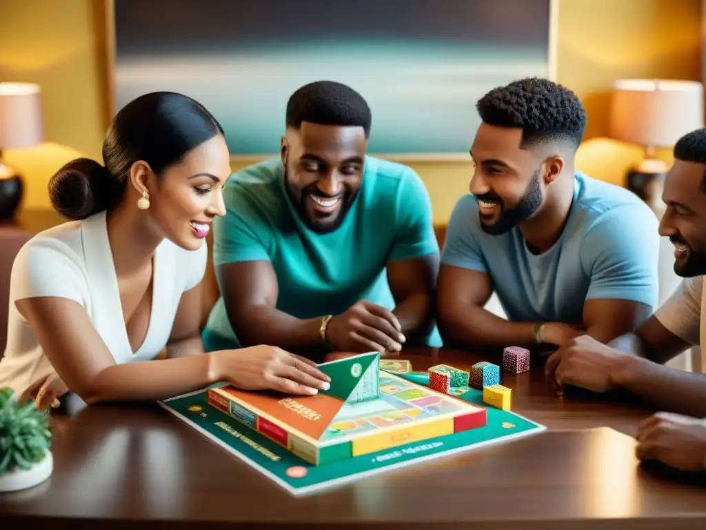 Amigos concentrados en juego de Trivial Pursuit, expresiones diversas