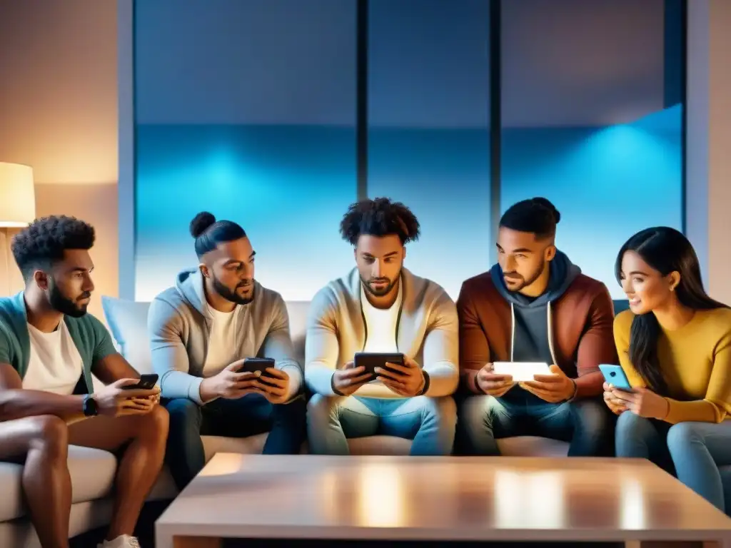 Amigos concentrados en sus móviles en acogedora sala, reflejando el impacto de los juegos móviles en las relaciones personales