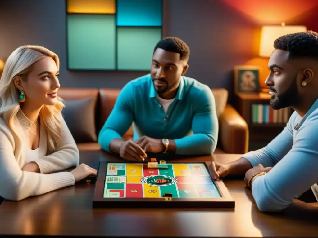 Amigos compiten en emocionante juego de Trivial Pursuit en acogedora sala llena de libros y juegos de mesa