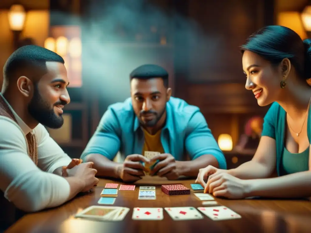 Amigos disfrutando de un juego de cartas en una acogedora sala, fusionando nostalgia y conexión social