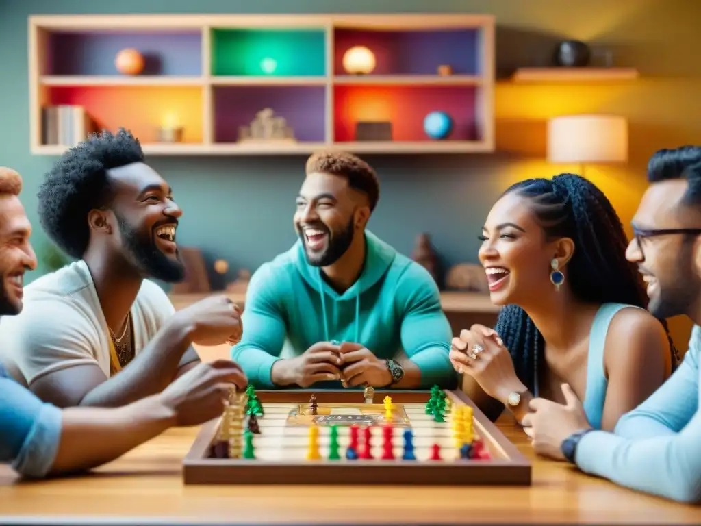 Amigos disfrutando de juegos de mesa para sociabilizar en ambiente acogedor y lleno de diversión