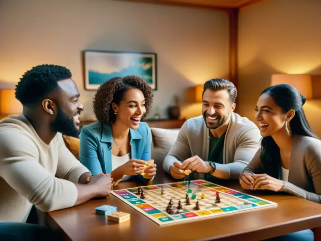 Amigos disfrutando de juegos de mesa para reuniones en acogedora sala iluminada, con risas y estrategias