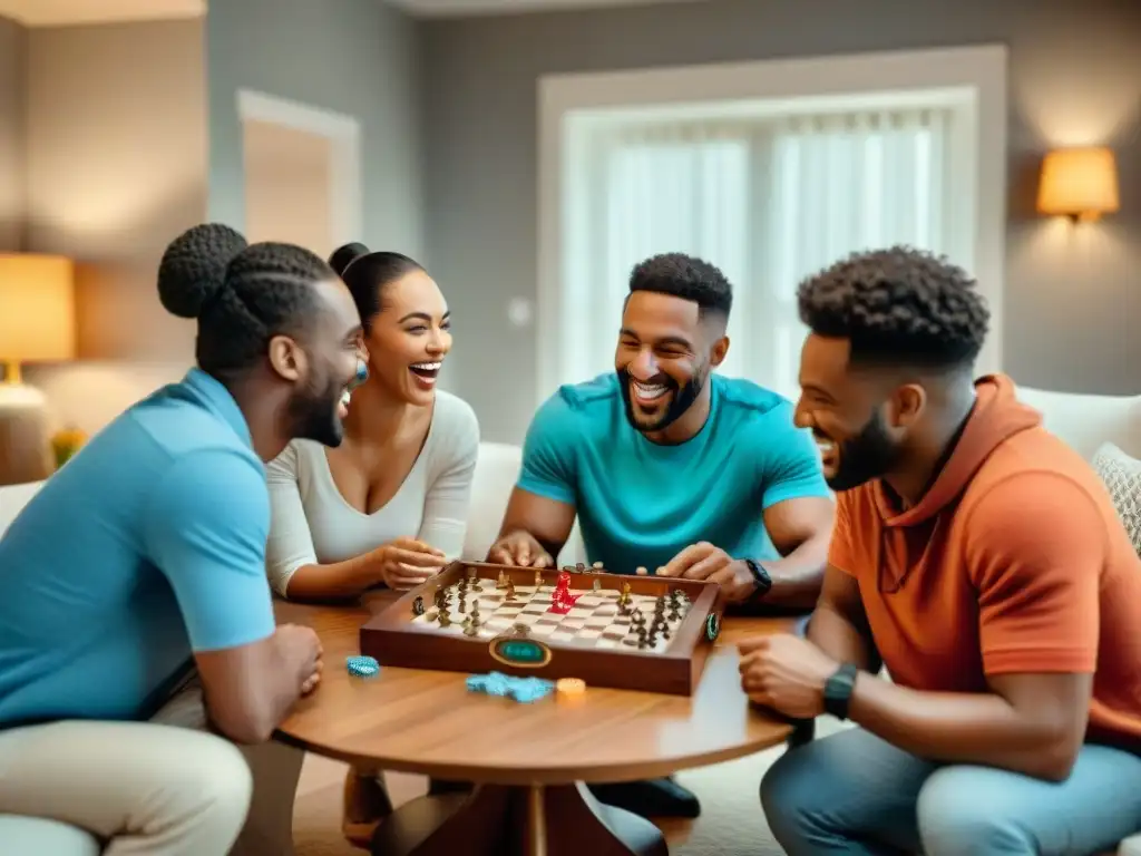 Amigos disfrutan de juegos de mesa como tendencia en acogedora sala iluminada, risas y emoción en el aire