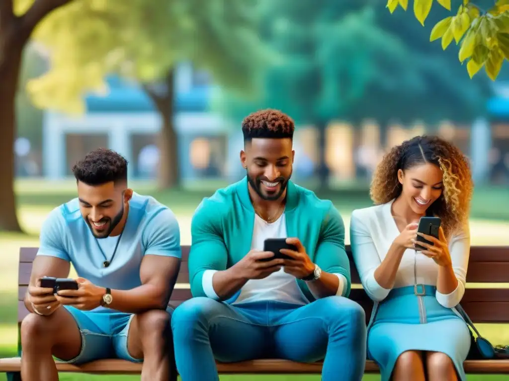 Amigos disfrutando de juegos móviles en el parque, impacto en relaciones personales