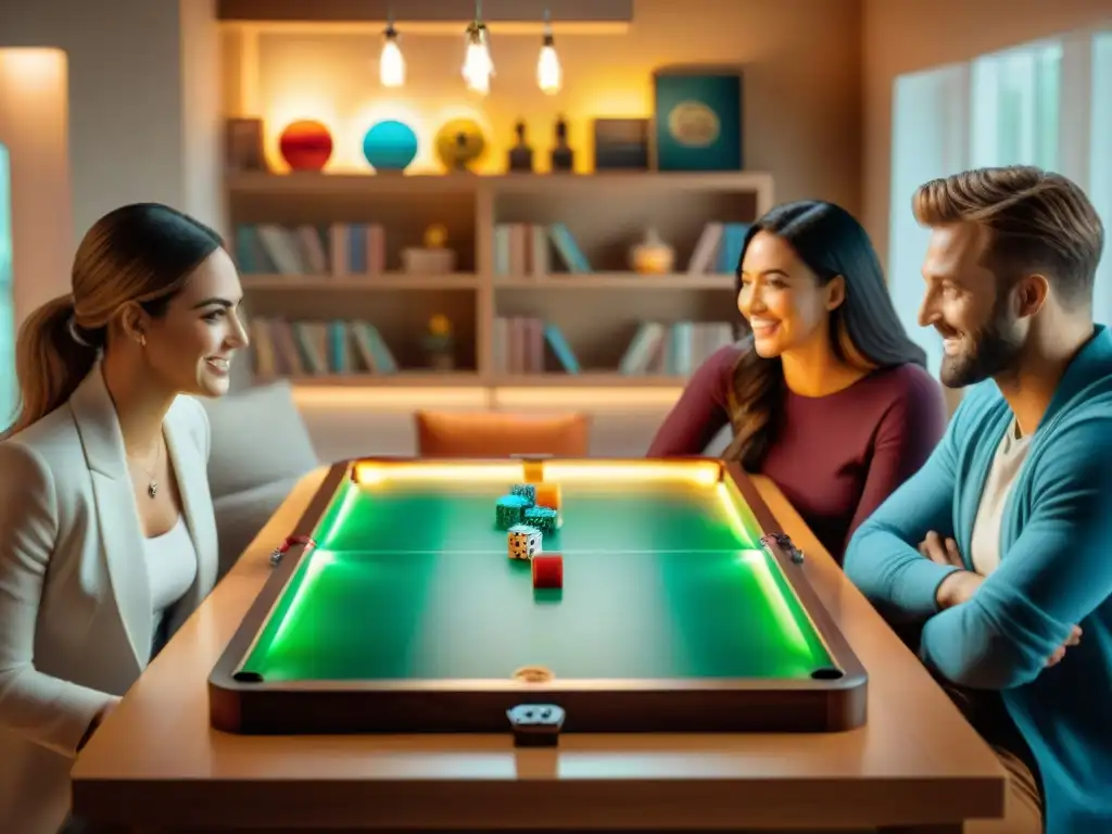 Amigos disfrutando de una noche exitosa de juegos de mesa, inmersos en estrategias y diversión en un ambiente acogedor