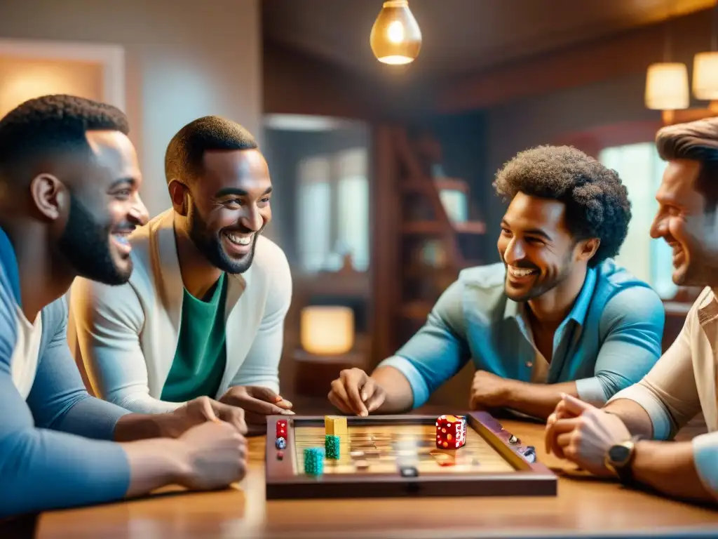 Amigos disfrutan de una noche de juegos, concentrados y sonrientes, rodeados de estrategias y amistad