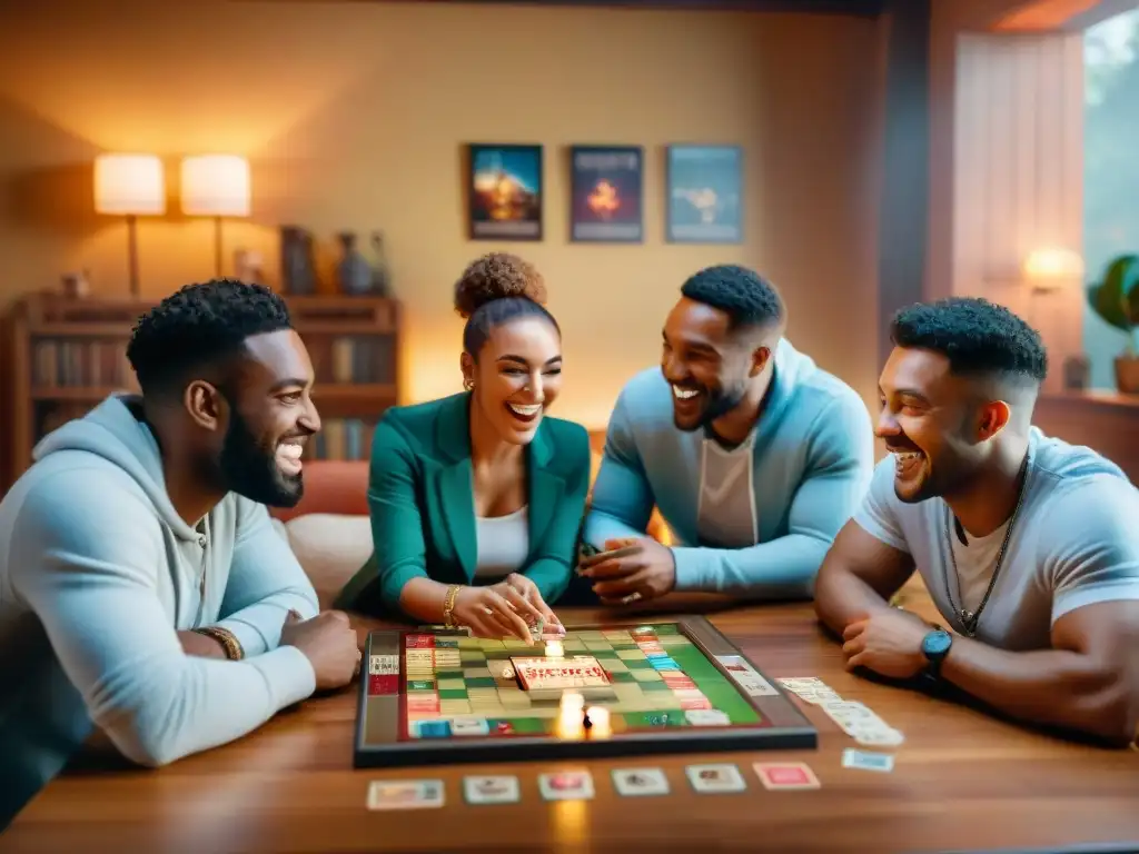 'Amigos disfrutando de una noche de juegos de mesa para sociabilizar, concentrados y felices en una habitación acogedora y cálida