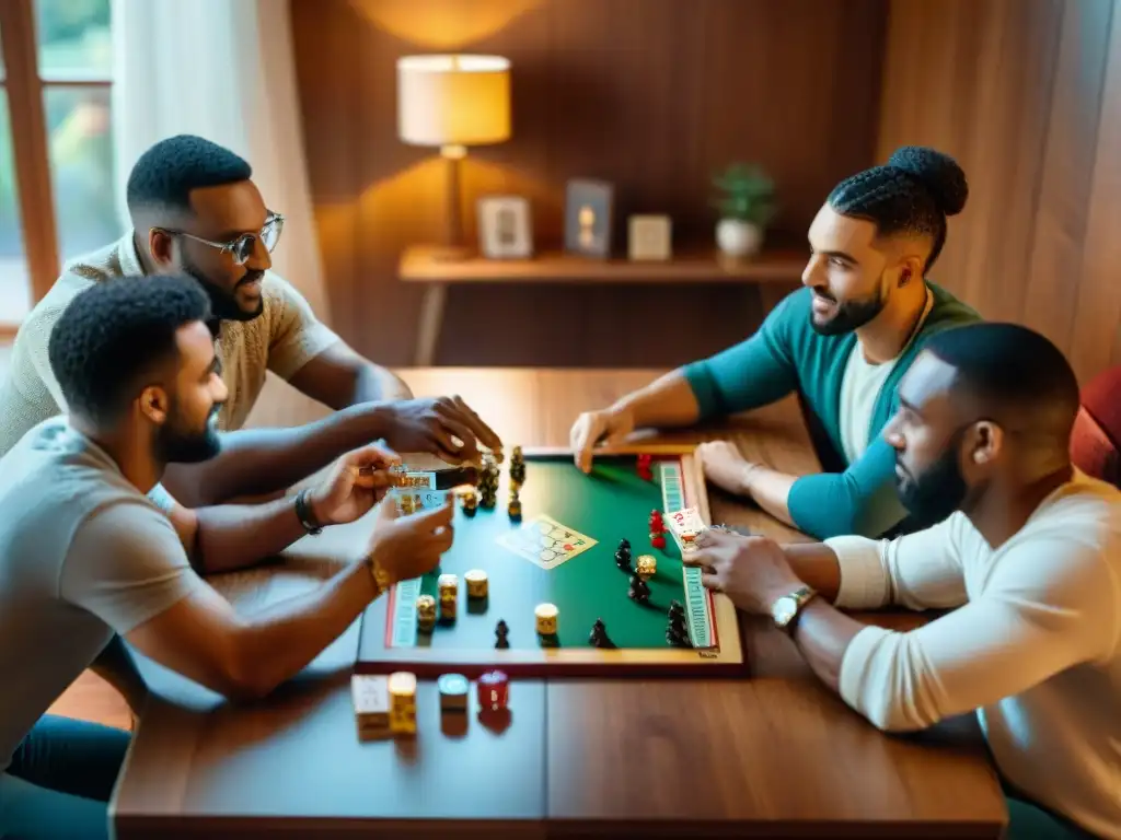 Amigos disfrutando de una noche de juegos de mesa, creando un ambiente acogedor y diverso