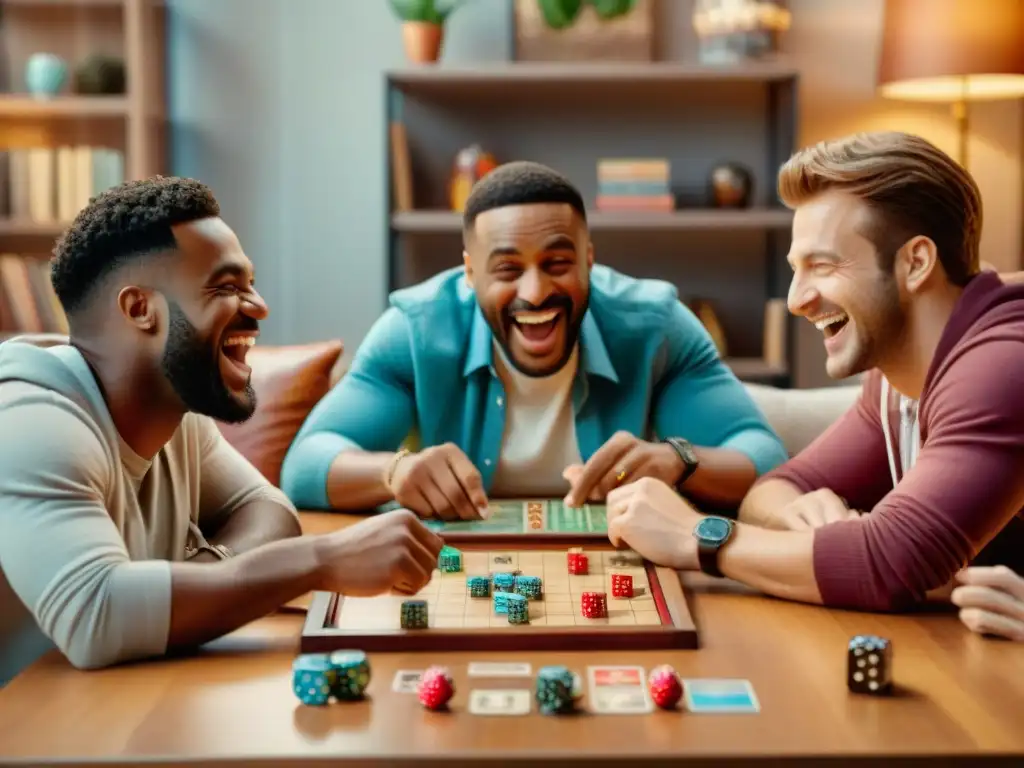 Amigos disfrutando de noche de juegos de mesa, risas y competencia