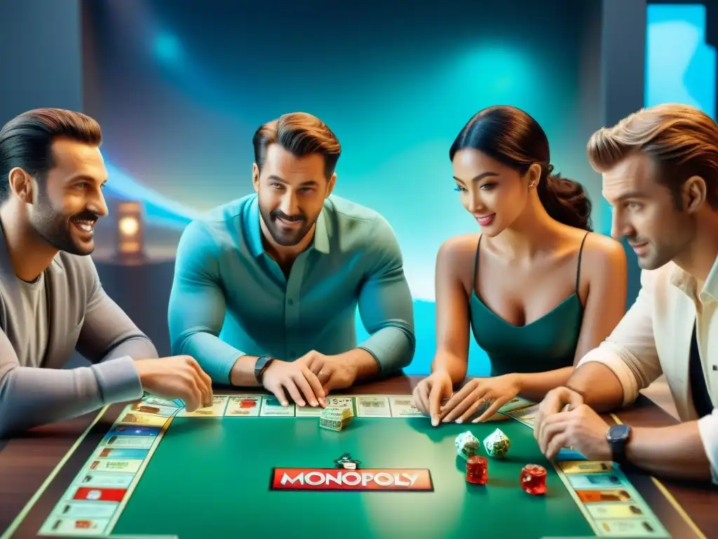 Amigos disfrutan de la Realidad Aumentada en Pasatiempos Clásicos con Monopoly holográfico en 8k